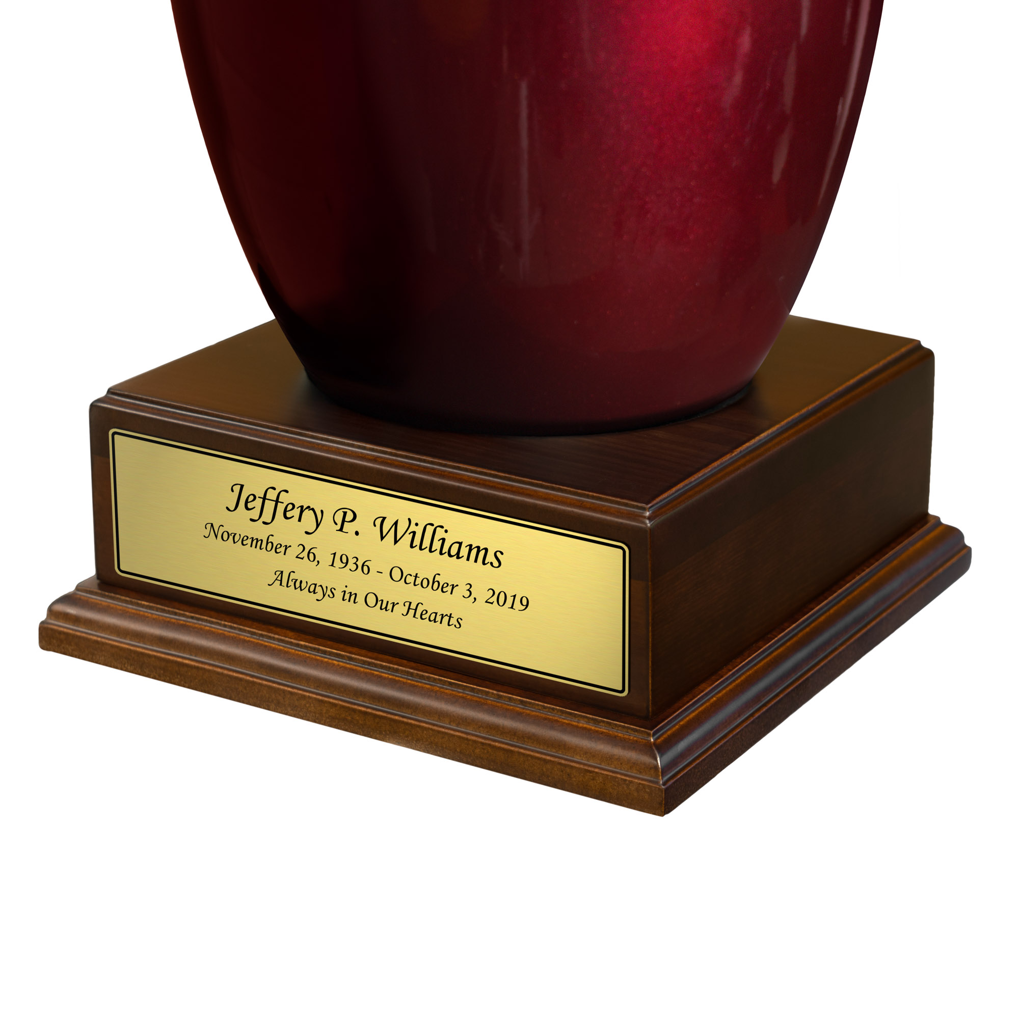 Premium Walnut Finish Cremation Urn Pedestal With Personalized Nameplate - Large Questions & Answers