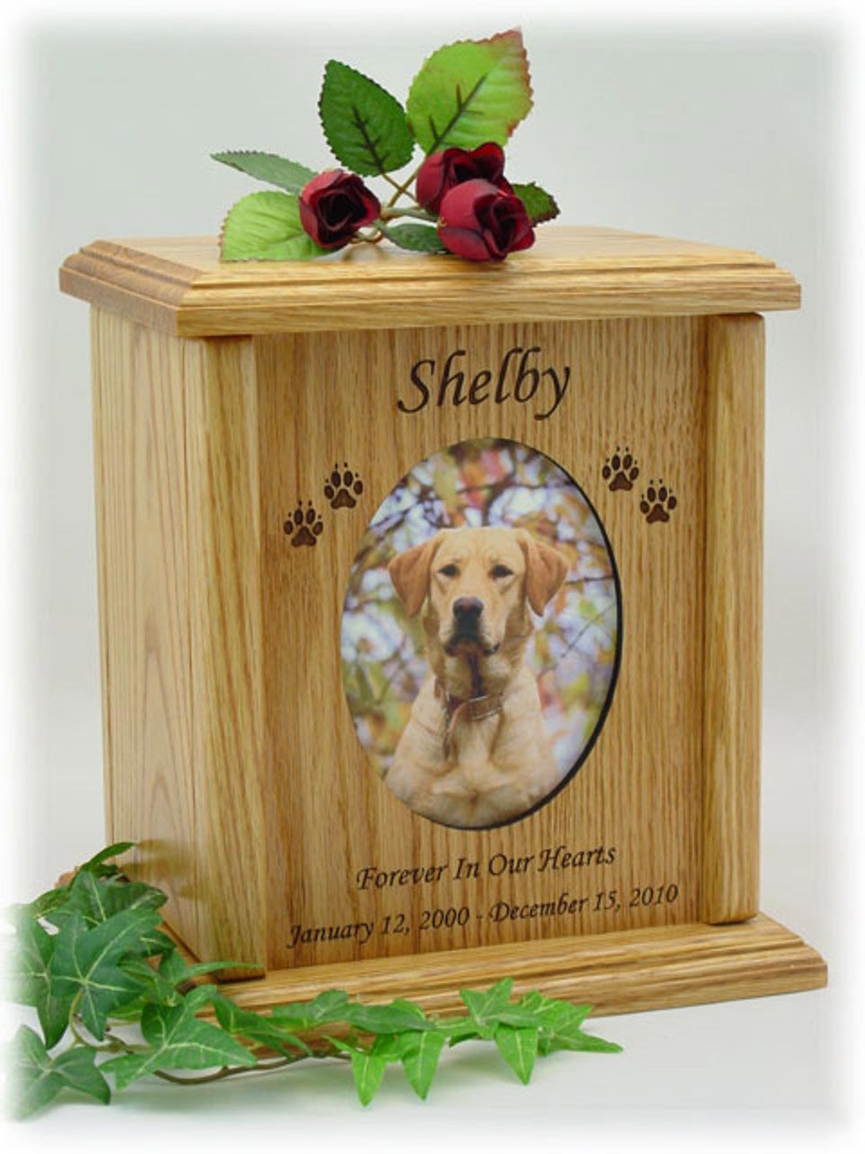 Oval Photo Insert And Paw Prints Engraved Wood Pet Cremation Urn Questions & Answers