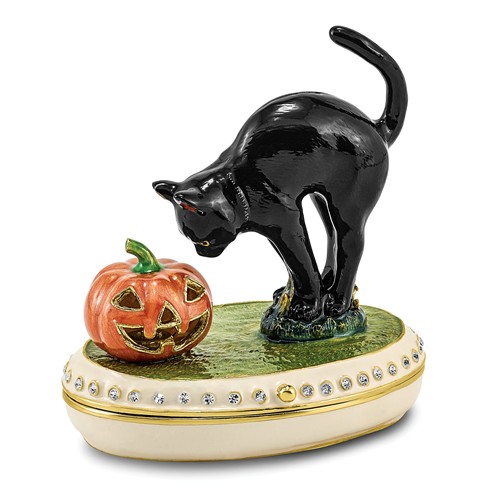 Bejeweled Silver Black Cat And Pumpkin Keepsake Box Questions & Answers