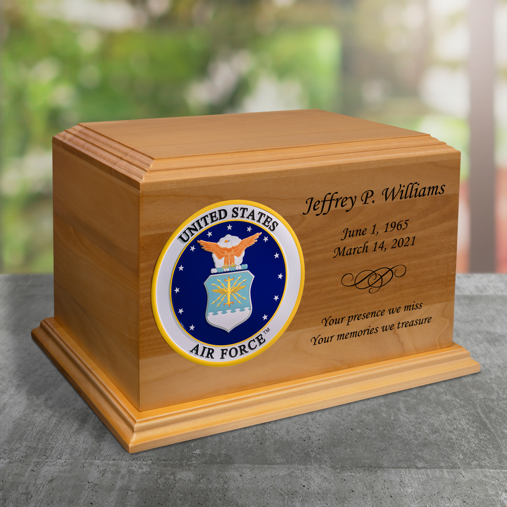 Air Force Color Emblem Diplomat Solid Cherry Wood Cremation Urn Questions & Answers