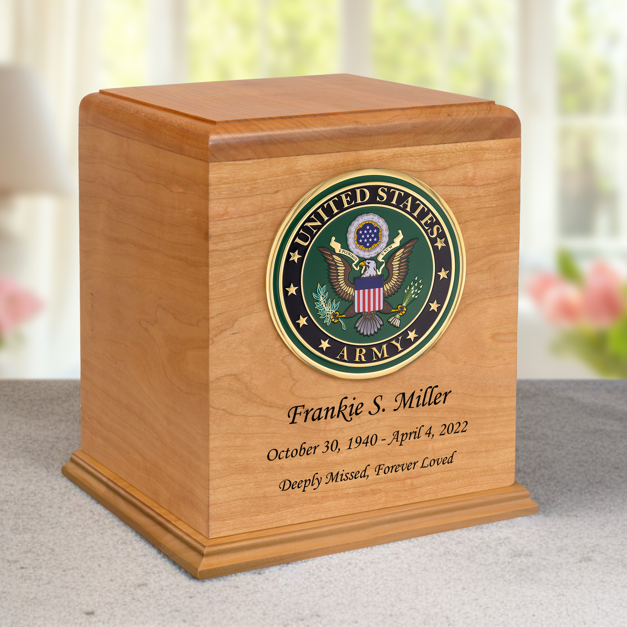 Army Green Color Emblem Auburn Solid Cherry Wood Cremation Urn Questions & Answers