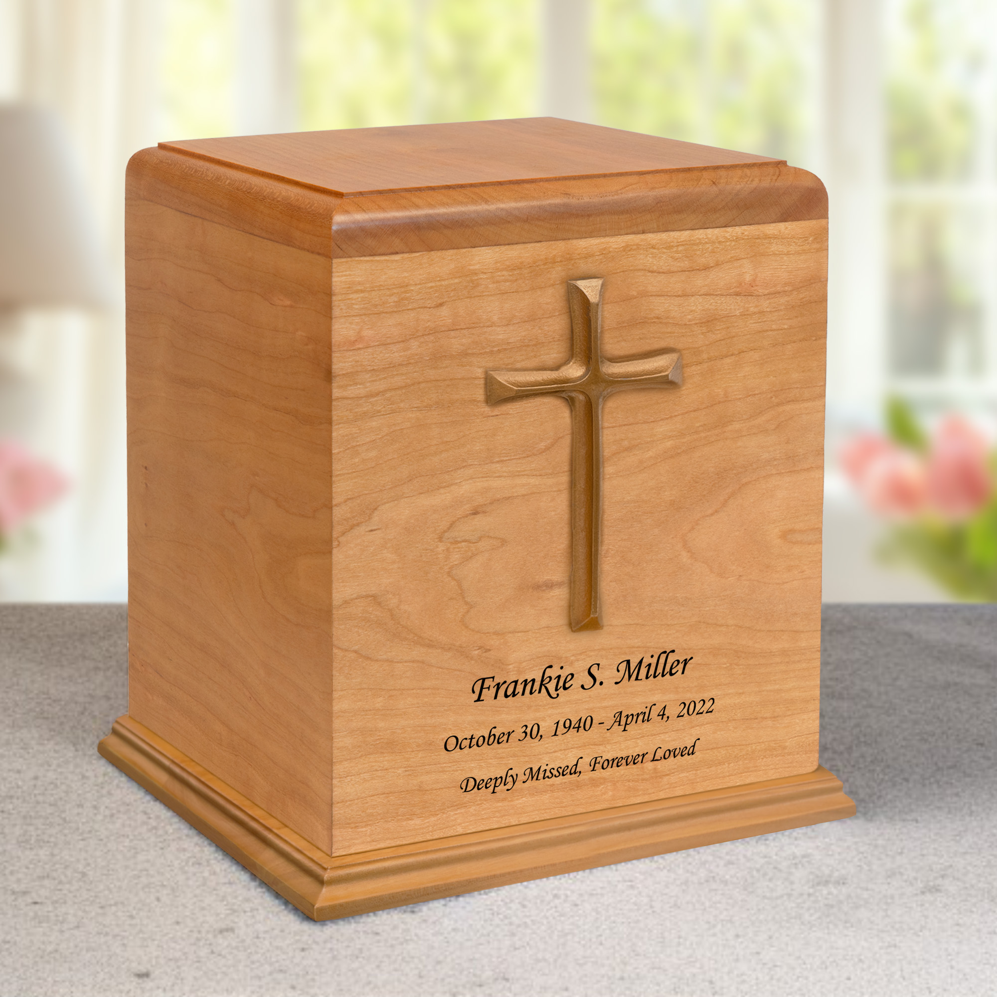 Cross Applique Auburn Solid Cherry Wood Cremation Urn Questions & Answers